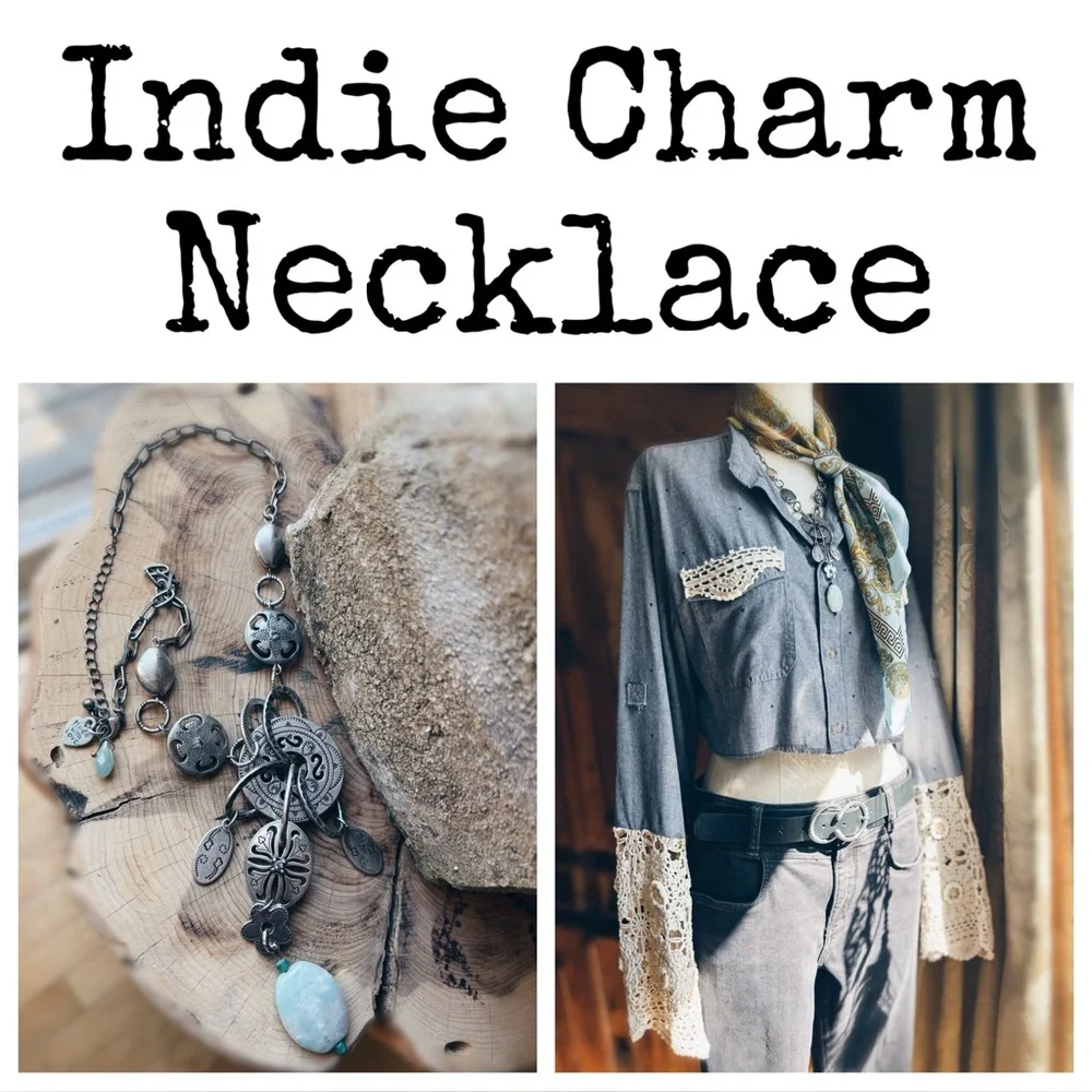Artisan Indie Charm Chunky Statement Necklace 21” Adjustable NWT